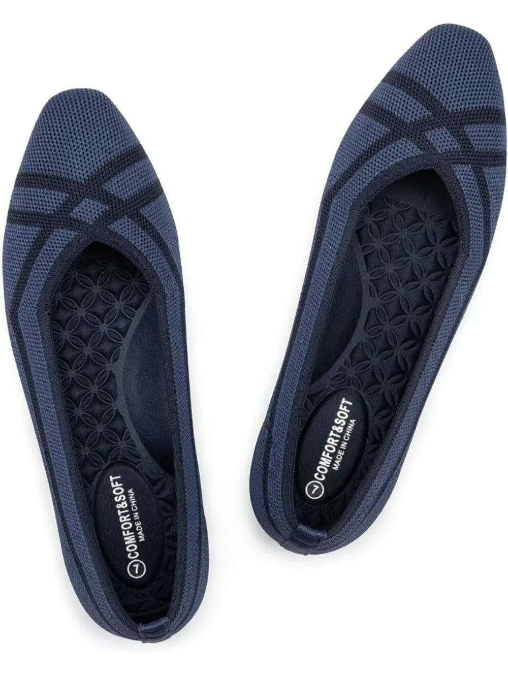Frank Mully Women's Blue Rubber Knitted Square Toe Comfortable Slip On Flats